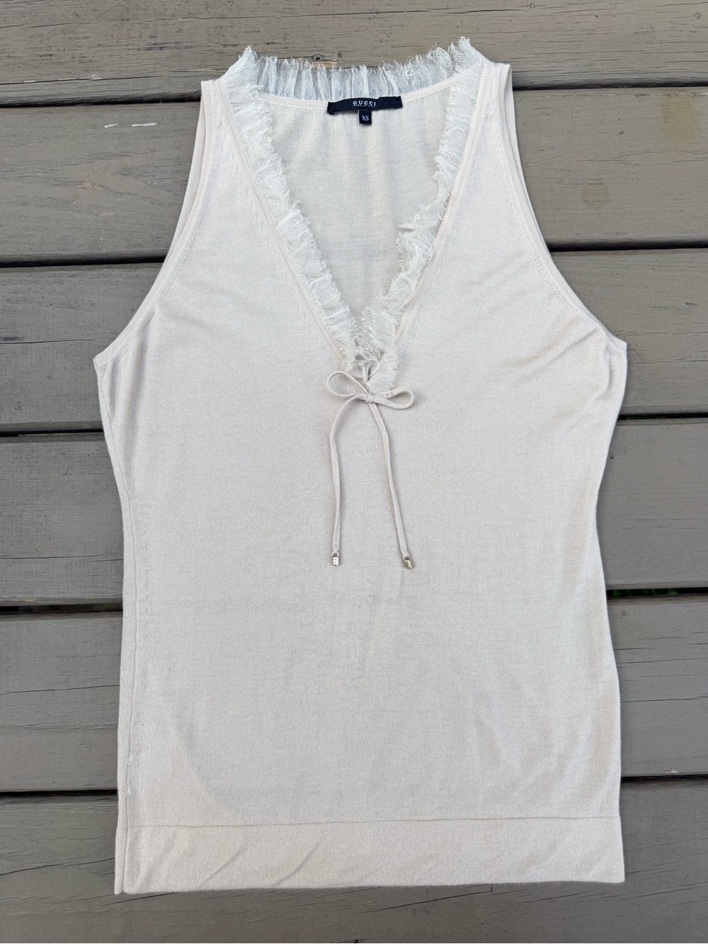 Gucci Cream Fringe V-Neck Tie Tank Top size XS